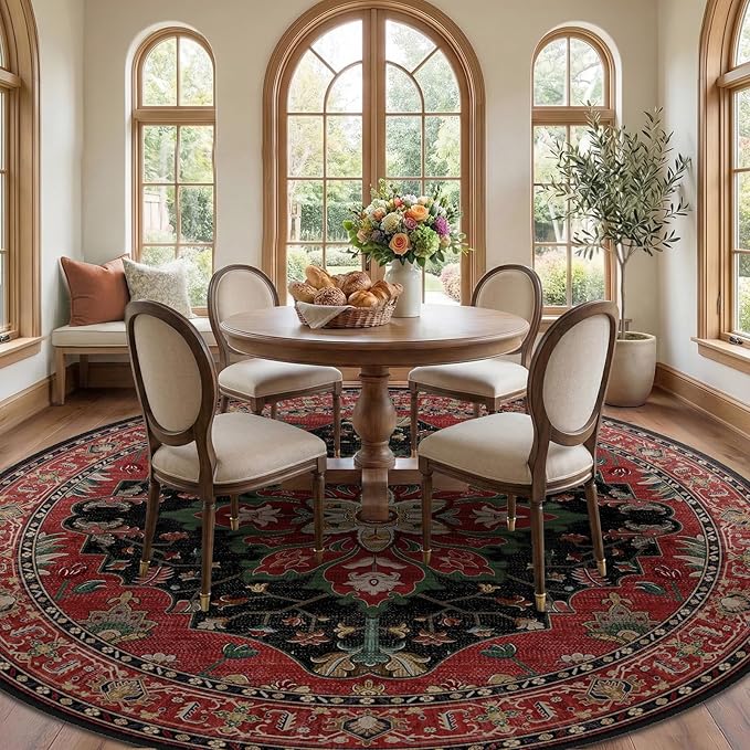 RELEANY Area Rugs Round 10ft Washable Non-Slip, Floral Vintage Distress Medallion Carpet for Living Room Bedroom Dining Room, Red Black