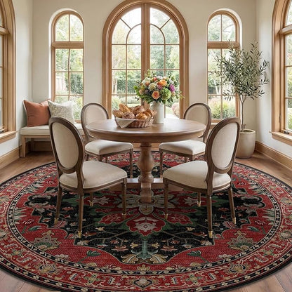 RELEANY Area Rugs Round 10ft Washable Non-Slip, Floral Vintage Distress Medallion Carpet for Living Room Bedroom Dining Room, Red Black