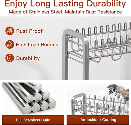 BOOSINY 2 Tier Dish Drainer Drying Rack for Kitchen Counter, Large Stainless Steel Dish Dryer with Drainboard, Big Rustproof Metal Space Saving Countertop Plate Strainer with Utensil Holder, Sliver