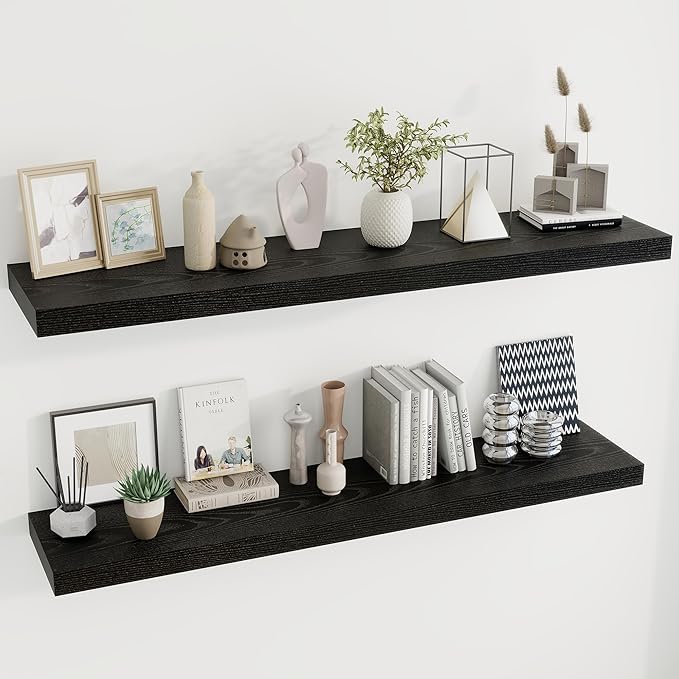 Dreamland 55 Inches Floating Shelves for Wall, 9.8" Deep Long Floating Shelves Set of 2, Large Display & Storage Shelf, Wall Shelf for Bathroom Bedroom Living Room Kitchen Office, Black