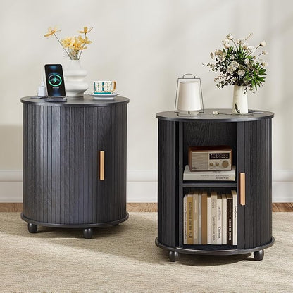 Fluted Round End Table with Charging Station, Farmhouse Small Sofa Side Table with Sliding Tambour Door & Storage, Mid-Century Wood Fulted Nightstands for Living Room, Bedroom ((Black)