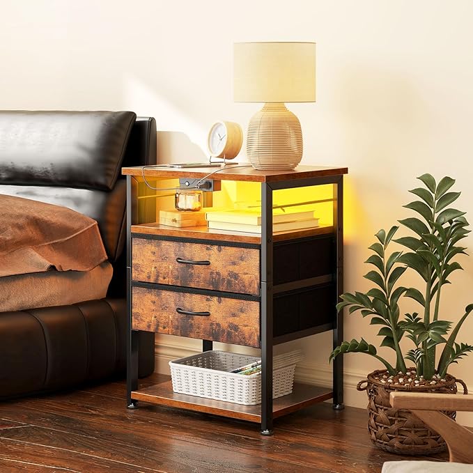 AODK Night Stand with Charging Station, End Table for Bedroom Tall Nightstand with Drawers, Small Nightstand for Bedroom, 4 Tier Storage Bedside Table, Vintage