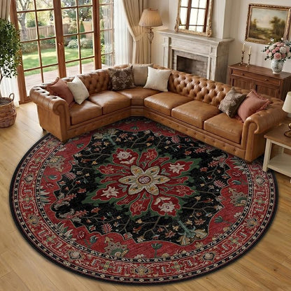 RELEANY Area Rugs Round 10ft Washable Non-Slip, Floral Vintage Distress Medallion Carpet for Living Room Bedroom Dining Room, Red Black