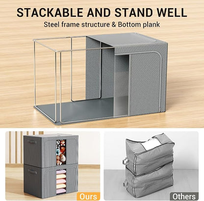 Clothes Storage Bins with Metal Frame, Foldable Clothes Organizers Storage Containers for Clothes, Sheets, Blankets, Pillows and Towels （66L, 3 Pack, Deep Grey