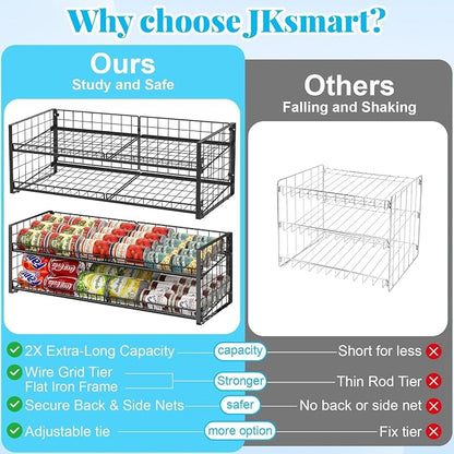 JKsmart 2-Tier Stackable Can Rack Organizer for Pantry Shelf, Extra-Long Can Holder for Kitchen Organization,Heavy Duty Can Dispenser for Canned Food Soup Goods up to 54 in Cabinet Storage, Black