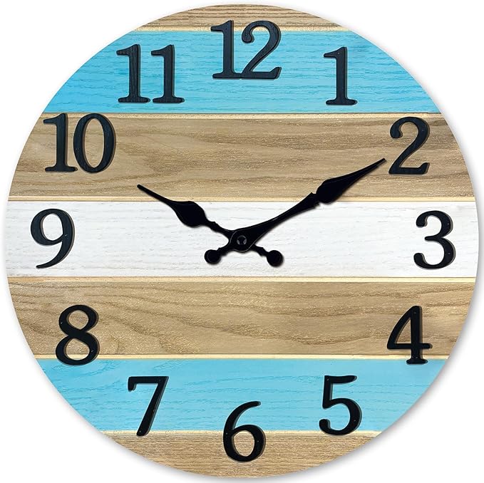 Solid Wood Wall Clocks Battery Operated 12 Inch Blue Rustic Wall Clocks for Living Room Decor Analog Farmhouse Wall Clock Non Ticking