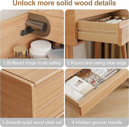 Solid Wood Vanity Desk With Flip Top Mirror And Lights, Mild Century Dressing Table Wooden 4 Drawers Storage, 40 Inch Large Make Up Vanity With 3 Lighting Modes Original, Wood Color (With Adapter)
