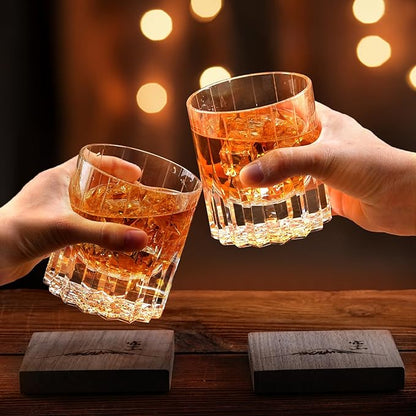 Lovelalty K9 Crystal Whiskey Glass Wooden Cup Mat Set 8.5oz Hand Engraving Asterism Kaleidoscope Pattern Old Fashioned Glass Wineglass Whisky Rock Glass