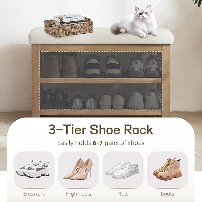 2 Tier Shoe Rack Bench with Cushion, Solid Wood Shoe Benches, Mid-Century Modern Shoe Storage Bench for Entryway, Hallway, Living Room, Closet, Front Door Entrance, (Beige, 31.5")