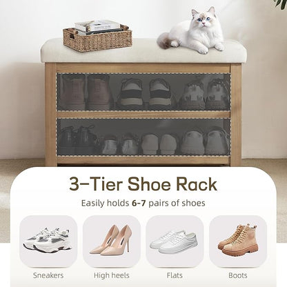 2 Tier Shoe Rack Bench with Cushion, Solid Wood Shoe Benches, Mid-Century Modern Shoe Storage Bench for Entryway, Hallway, Living Room, Closet, Front Door Entrance, (Beige, 31.5")