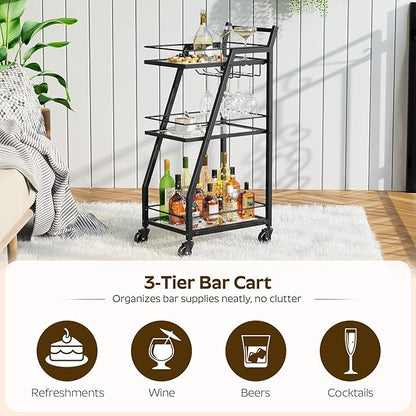 Bar Cart for The Home, Small Bar Cart on Wheels, Beverage Cart, Home Bar Serving Cart with Glass Holder, Drink Cart for Bar, Kitchen, Transparent and Black BC03BK