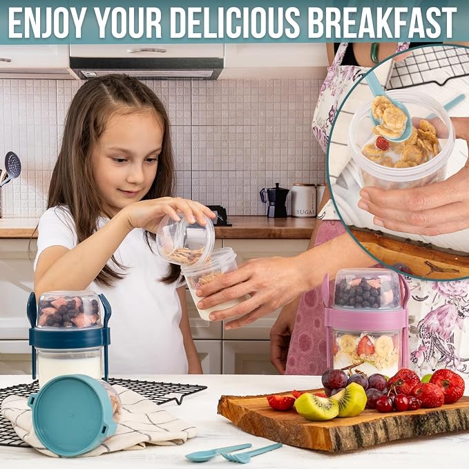 4-Pack Reusable Yogurt Parfait Cups with Lids & Built-In Spoon & Fork – BPA-Free Dual-Compartment Containers for Breakfast, Oatmeal, Granola, Gym, Travel – Leakproof & Dishwasher Safe – (22 oz-650 ml)