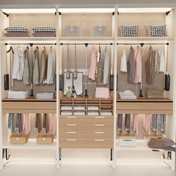 Pull Down Closet Rod Stainless Steel,35"-48" Adjustable Wardrobe Lift Rail Rod,60 lbs Load Capacity,Side & Back Mounted Closet Pole for Waredrobe & Hanging Clothes