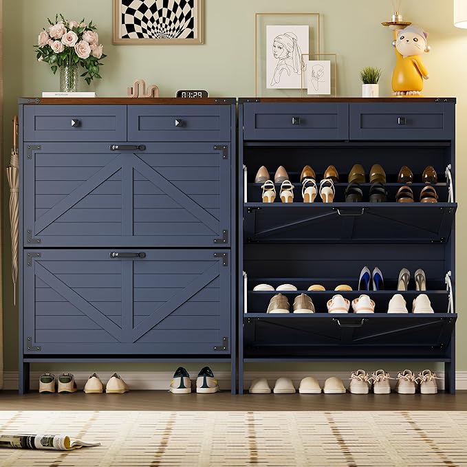 Shoe Cabinet with Odor Control Deodorizer and Back Panel, Farmhouse Narrow Shoe Storage Cabinet Rack for Entryway with 2 Flip Drawers and 2 Top Drawers, Adjustable Shelves, Side Hooks