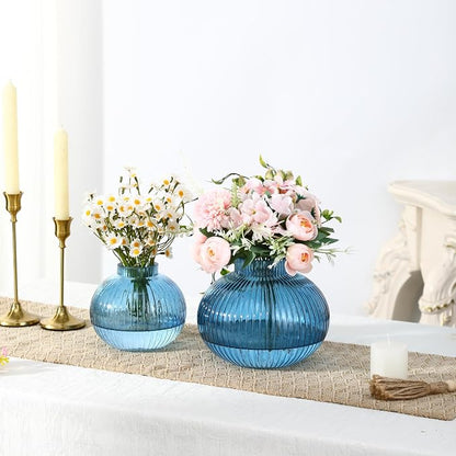 Blue Glass Vases for Tulips, Set of 2, Flower Vases for Bouquet, Ribbed Glass Vase for Flowers, Short Vase for Living Room, Office, Coffee Table, Shelf, Wedding