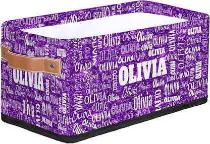 Personalized Small Storage Basket with Name, Pet Kids Toys Storage Bin with Handles for Shelf Home Closet Kitchen Countertop, Bright Purple Sequins Background