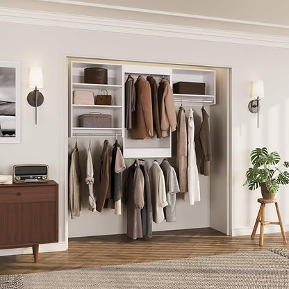 ROOMTEC Modular Closet System, 66" Closet Organizer with Hanging Rods, Wall-Mounted Wooden Tower for Walk-In Closets, Wardrobe Storage Kit, White