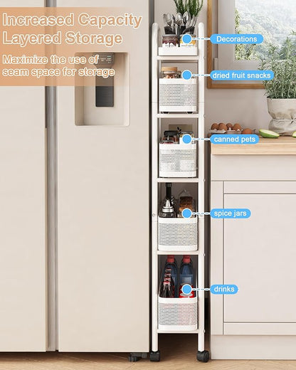 UMDONX Slim Storage Cart 5 Tier with Pull Out Basket Bathroom Organizer Rolling cart, Rolling Utility Cart Slide Out Organizer for Kitchen, Bathroom, Laundry White
