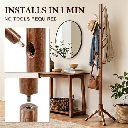 2 PC Wooden Coat Rack Freestanding with 8 Hooks & 3 Adjustable Sizes for Clothes, Space-Saving Design for Bedroom Office Entrance Holds Hats Coats Scarves Bags
