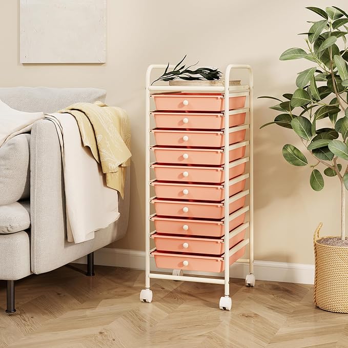 RELAX4LIFE 10 Drawer Rolling Cart - Slim Storage Cart w/Lockable Wheels for Classroom School Teacher Office, Art Supplies Paper Scrapbook Craft Organizers, Utility Cart with Drawers (Peach Pink)
