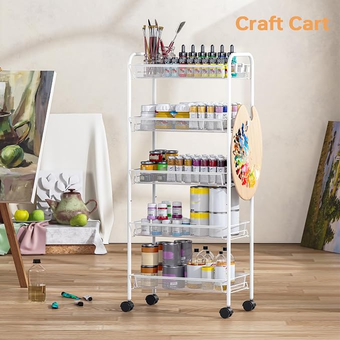 TOOLF 5-Tier Rolling Cart, Metal Utility Cart with 3 Hooks, Easy Assemble Mobile Storage Trolley On Wheels, Metal Shelving Units Kitchen Bathroom Laundry Room