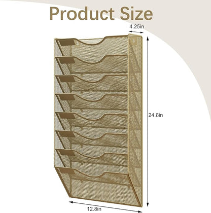 EasyPAG 8 Pocket Mesh Wall File Organizer, Hanging Paper Folder Holder with Classify Label, Vertical Wall Mount Mail Organizer for Office Home Classroom, Gold