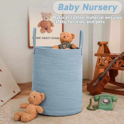 JMvicyroam Large Woven Laundry Basket Hamper,100L Cotton Rope Storage Bin for Blankets,Toys and Clothes,Decorative Tall Nursery Hamper for Living Room,Baby Nursery,Bathroom and Bedroom,Blue
