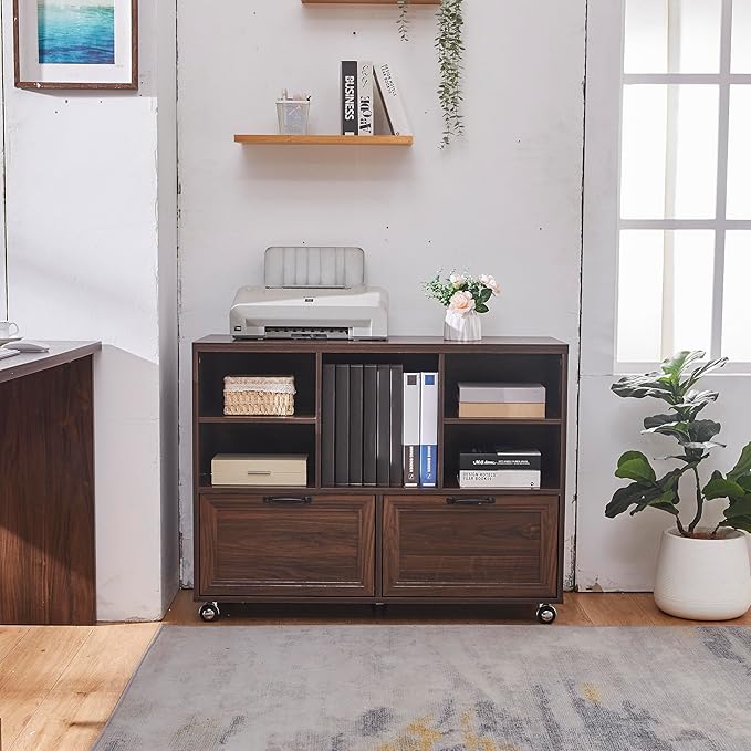 40" Farmhouse File Cabinet,Lateral File Cabinet with Wheels,Wood File Cabinet with shelve,Filing Cabinet with 2 Drawers for Legal/Letter/ A4 Size (Walnut)