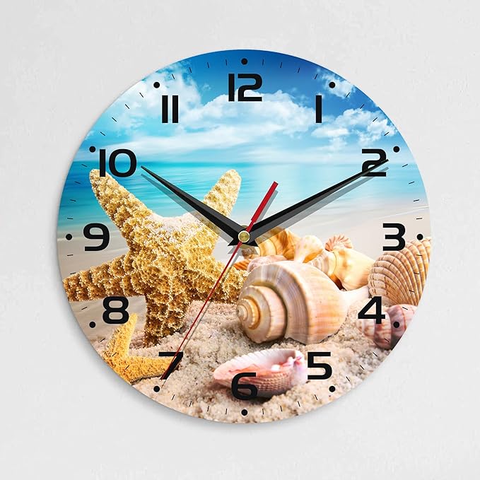 Wall Clock, 10 Inch Silent Non-Ticking Home Kitchen Decor, Battery Operated for Bathroom Bedroom Living Room Office(Starfish Seashells Beach)