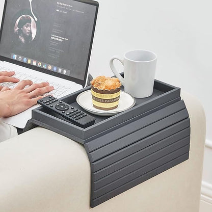 GEHE Bamboo Sofa Arm Tray, Foldable Couch Arm Tray Side Table, Anti-Falling Armrest Tables Cup Holder for Snacks, Drinks, Beers, Phone, Control, Flexible and Portable, Anti-Slip