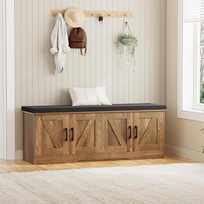 HOMSHO 2-Tier Storage Bench, 47.2" Wide Shoe Bench with Padded Seat Cushion, Entryway Bench with 4 Barn Doors and Adjustable Shelf, Rustic Walnut