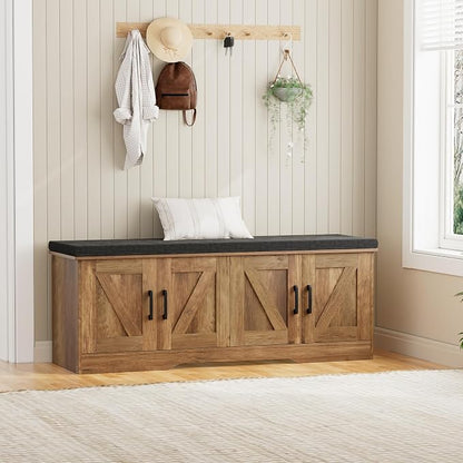 HOMSHO 2-Tier Storage Bench, 47.2" Wide Shoe Bench with Padded Seat Cushion, Entryway Bench with 4 Barn Doors and Adjustable Shelf, Rustic Walnut