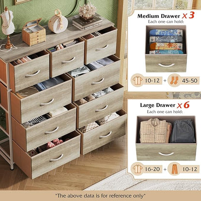 WLIVE 9-Drawer Dresser, Fabric Storage Tower for Bedroom, Hallway, Nursery, Closet, Tall Chest Organizer Unit with Fabric Bins, Steel Frame, Wood Top, Easy Pull Handle, Greige