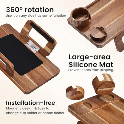 3 in 1 Acacia Wood Couch Arm Tray,Couch Tray with Cup Holder and Phone Holder,Folding Sofa Armrest Trays Clip-On Sofas Desk for Drinks,Snacks,Phone,Remote Control