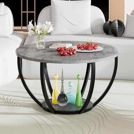 HOMERECOMMEND Round Coffee Table with Storage,2-Tier Wood Coffee Table for Living Room, Sofa Tables for Home Office,Grey