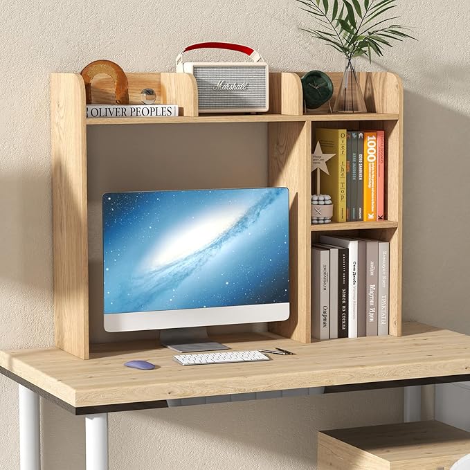 Desk Hutch, Desktop Shelf with 5 Shelves, Desk Bookshelf w/Anti-Toppling Devices, Wood Table Top Bookshelf Organizer, Small Desk Shelf for Study, Office, Dorm (Natural, 5 Shelves)