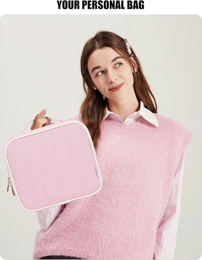 Relavel Travel Makeup Bag With LED Mirror, Portable Cosmetic Bag Organizer with Adjustable Brightness in 3 Color Scenarios, Small Cute Train Case with Detachable Dividers for Trip- Pink Strip