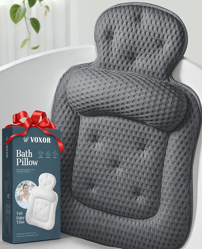 Bath Pillows for Tub, Comfortable Bathtub Cushion for Head and Neck with Soft 3D Mesh Fabric and 54 Non-Slip Suction Cups, Relaxing Tub and Shower Accessories Spa Gift Gray Standard