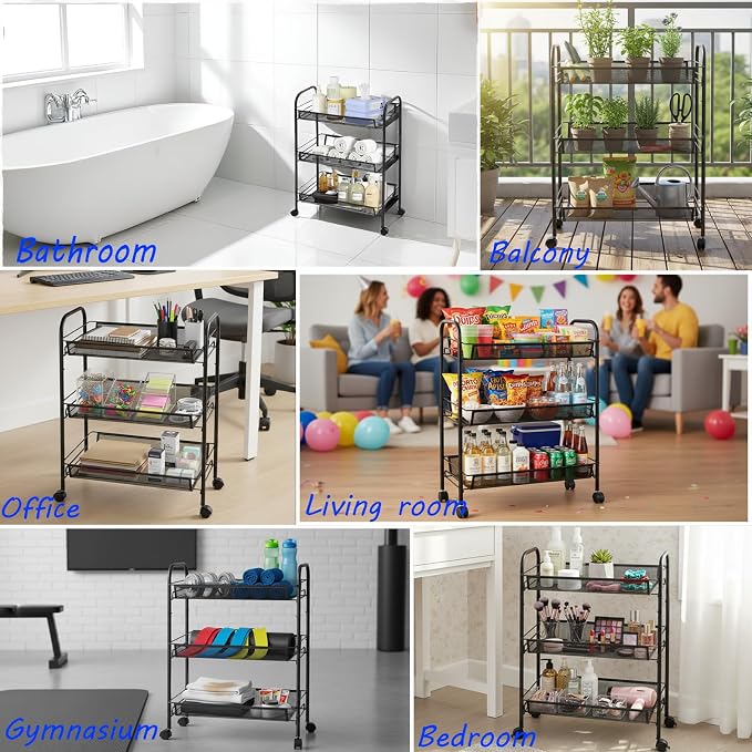 3 Tier Metal Rolling Cart with Wheels, Wire Bathroom Organizer Storage Shelves with Hooks, Utility Cart for Kitchen Laundry Room, Black