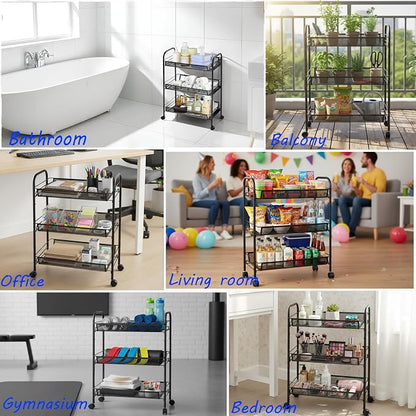 3 Tier Metal Rolling Cart with Wheels, Wire Bathroom Organizer Storage Shelves with Hooks, Utility Cart for Kitchen Laundry Room, Black
