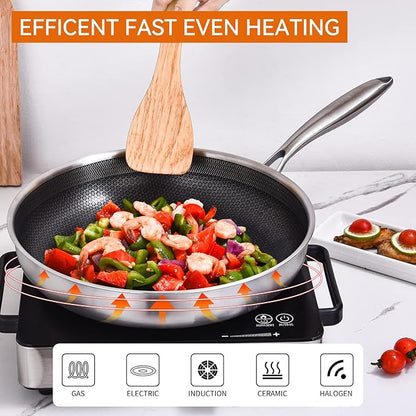 DELARLO Whole body Tri-Ply Stainless Steel Hybrid 12 inch Frying Pan With Lid Nonstick, Oven safe induction skillet,Suitable for All Stove (Detachable Handle)