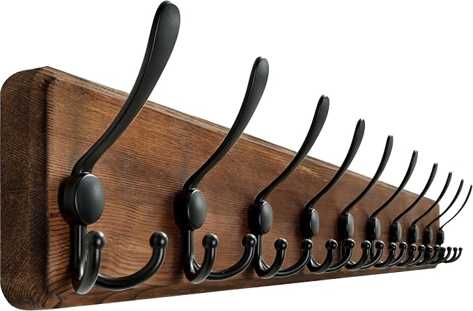 WEBI Coat Rack Wall Mount,38 9/16" Long,10 Hooks,Coat Hooks Wall Mounted,Coat Hanger Wall,Farmhouse Wood Hook Rack Rail,Triple Hooks for Hanging Coats,Clothes,Jacket,Brown