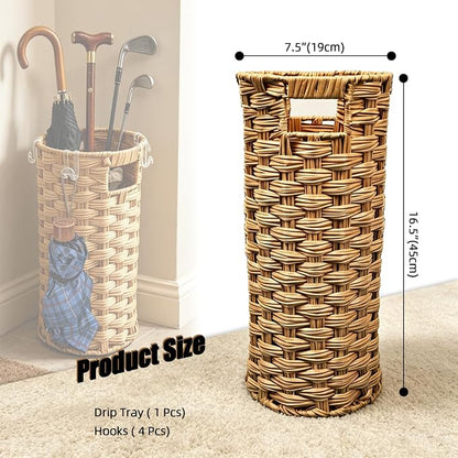 Rattan Umbrella Stand with Drip Tray - Hand Woven Freestanding Entryway Umbrella Holder, Small Rattan Rack Organizer with 4 Hooks for Folding Umbrellas & Canes, 7.5" L x 7.5" W x 16.5" H