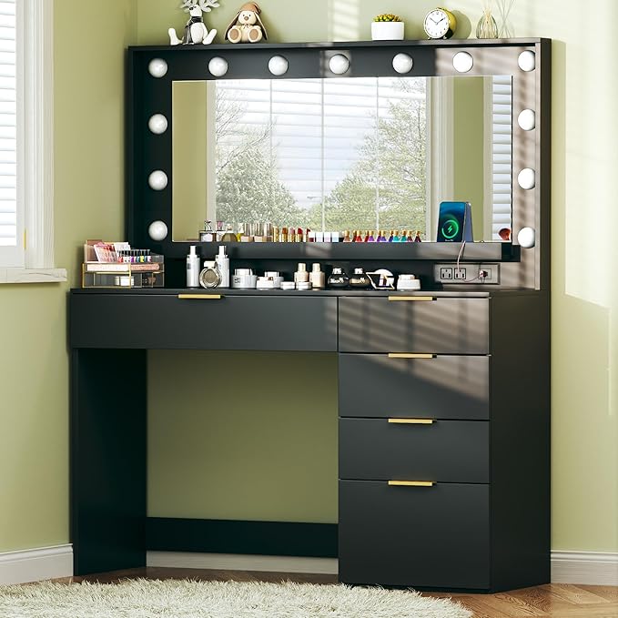 Vanity Desk with Mirror and Lights, 39.3in Makeup Vanity Desk with 5 Storage Drawers & Power Outlet, Vanity with Large Mirror, 3 Color Lights Adjustable for Bedroom, Black