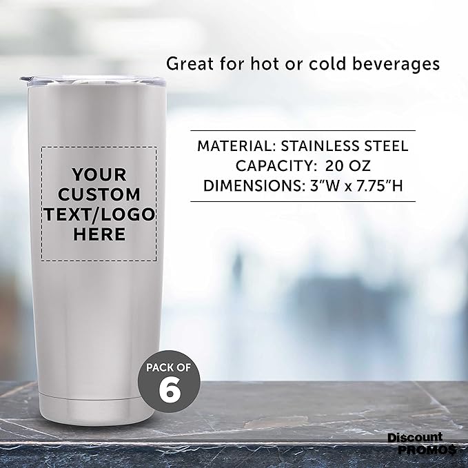 Custom Pipette Stainless Steel Coffee Tumblers 20 oz. Set of 6, Personalized Bulk Pack - Double Wall, Perfect for Coffee, Hot Cocoa, Other Hot & Cold Beverages - Silver