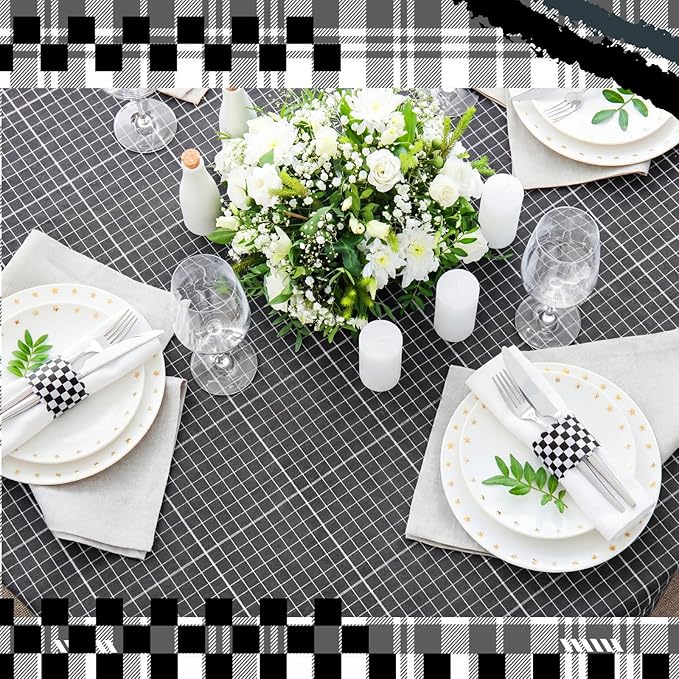 300 Pcs Black Checkered Paper Napkin Rings Disposable Napkin Bands Self Adhesive Black White Plaid Silverware Wrap Band for Birthday Holiday Party Dinner Table Setting Decoration
