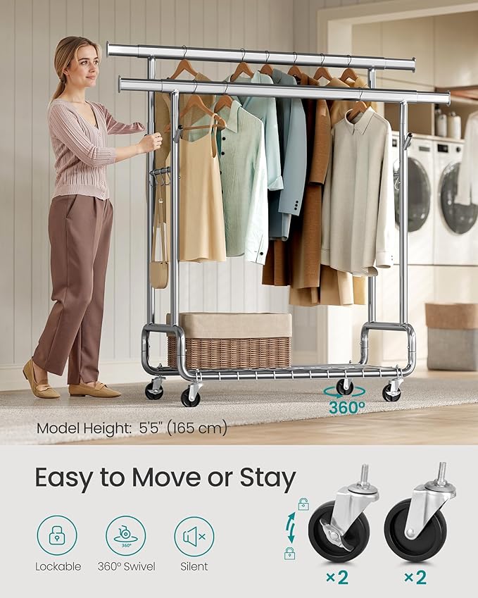 SONGMICS Clothes Rack, Heavy-Duty Rolling Clothing Garment Rack with Wheels, Extendable Double Hanging Rods and Adjustable Height, Portable, with Shelf and Hooks, Silver UHSR015E01
