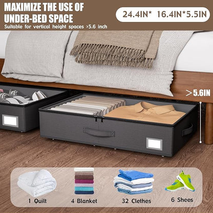 EE-RoomWorld Underbed Storage With Wheels, No Assembly Required - 5.5 Inch Height Black Underbed Bins, Low Profile Rolling Shoe Storage Containers for Dorm