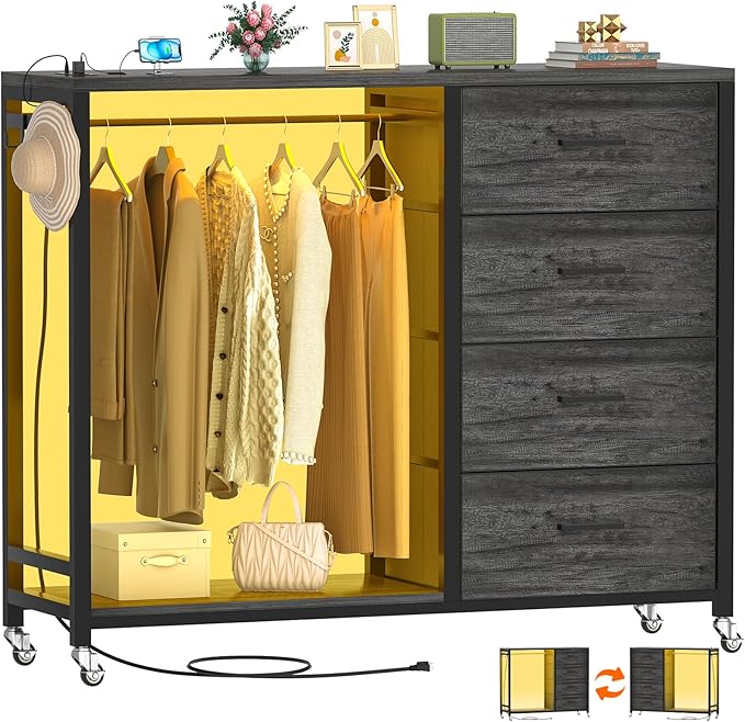 Cyclysio Dresser with Hanging Rack, 4 Fabric Drawers Dresser with Clothes Rack, Wooden Top Storage Chest of Drawers with Charging Station & LED Lights, Lockable Wheels, Closet