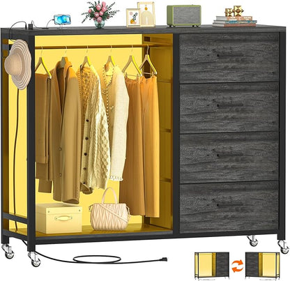 Cyclysio Dresser with Hanging Rack, 4 Fabric Drawers Dresser with Clothes Rack, Wooden Top Storage Chest of Drawers with Charging Station & LED Lights, Lockable Wheels, Closet
